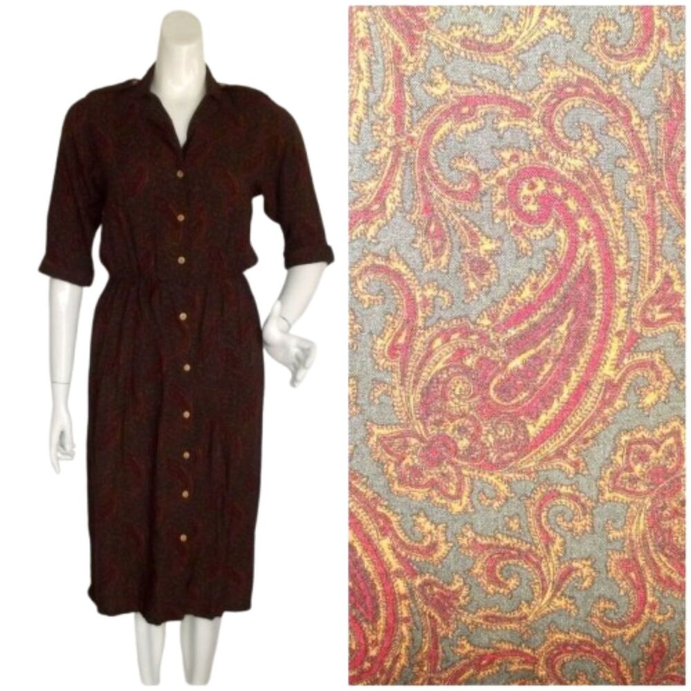 MINDY MALONE Shirt Dress, XS, Paisley,  70s Vintage, Mid-sleeve, Epaulettes